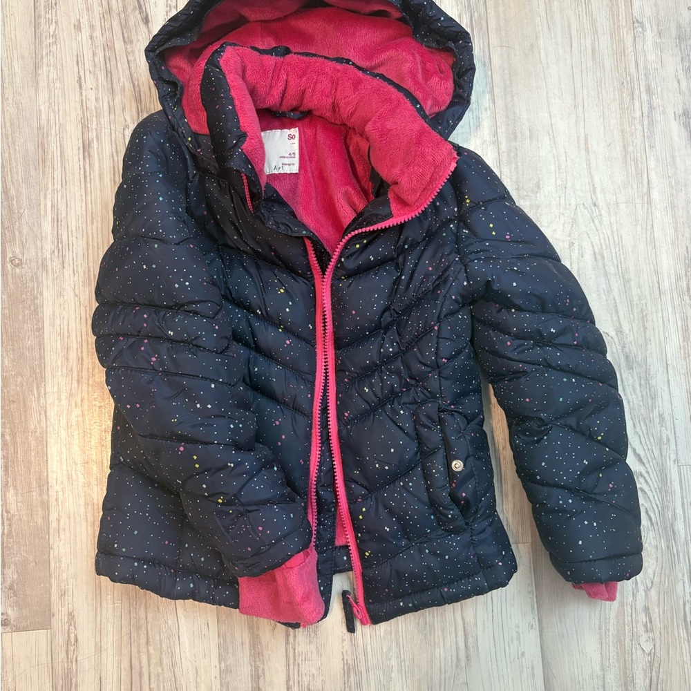 Kids navy and Pink Hooded Jacket with detachable fur collar